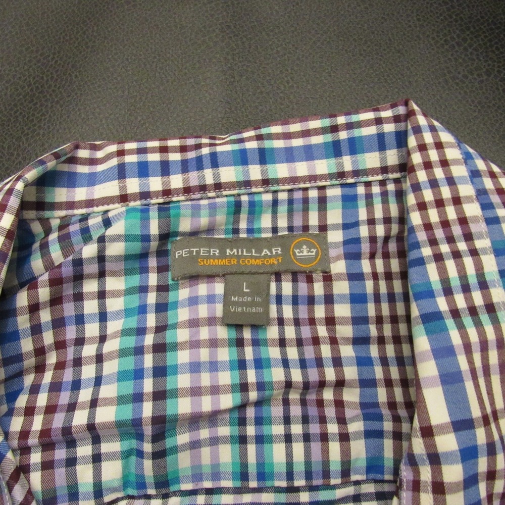 Peter Millar Summer Comfort Mens Large Plaid Button Down Shirt Blue Purple Teal - Picture 3 of 7